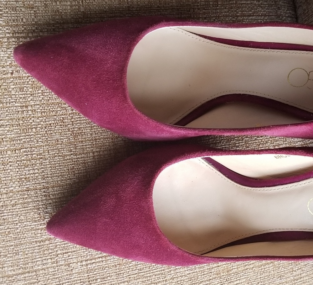 Burgundy suede pointed toe heels